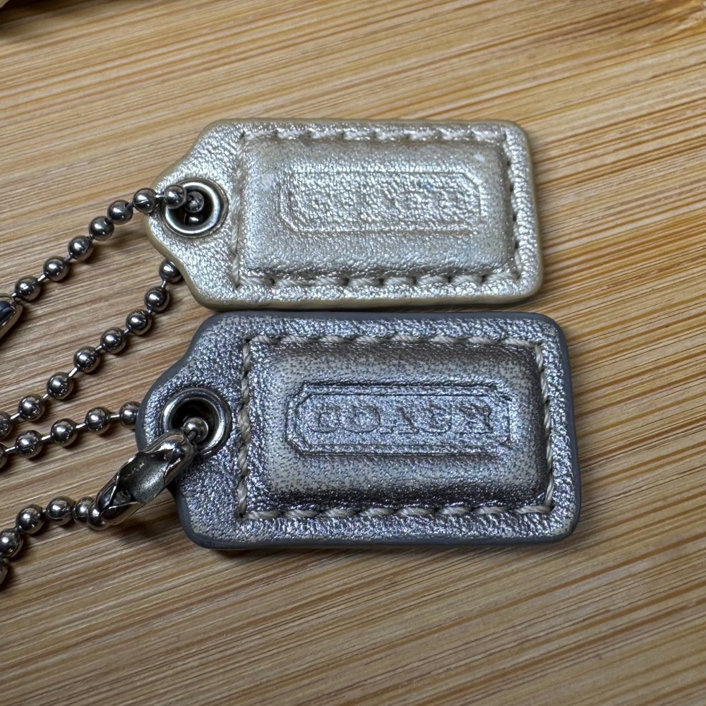 Coach Set of 2 Leather Hangtags Metallic Silver & Gold with Attachment Chains